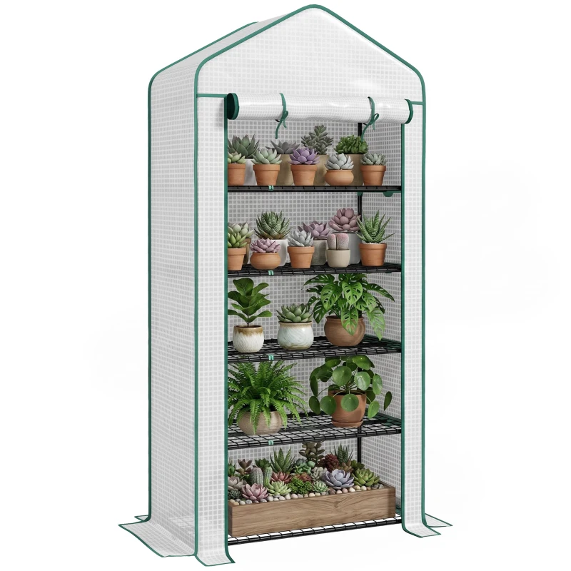 Outsunny 5 Tier Mini Greenhouse, Small Portable Greenhouse with PE Cover, Roll-Up Zippered Door, 76" x 35.4" x 19.3", White