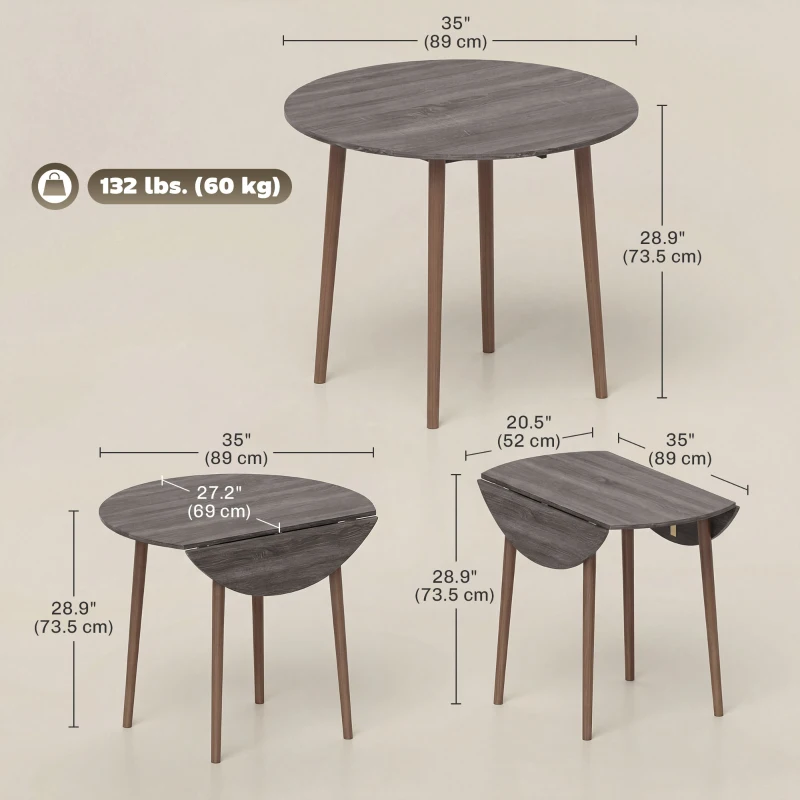 HOMCOM 35" Folding Dining Table, Collapsible Drop Leaf Table with Round Tabletop, Wood Legs, Distressed Light Grey