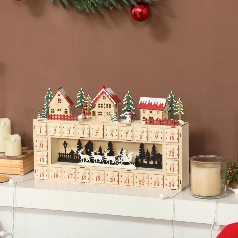 HOMCOM Christmas Advent Calendar with 24 Countdown Drawers and LED Lights, Wood-Effect Advent Calendar, Battery Operated