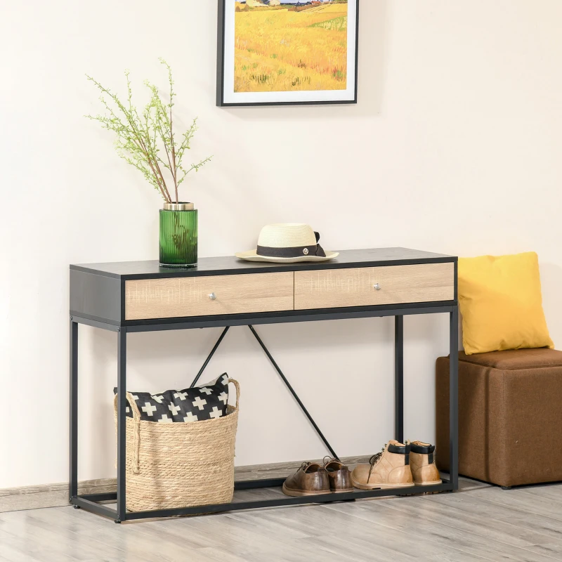 HOMCOM Console Table, Hallway Table with 2 Drawers,  Steel Frame Sofa Table for Entrance and Living Room, Black