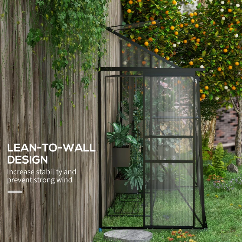 Outsunny 8' x 4' Walk-in Polycarbonate Greenhouse, Lean-to Aluminum Green House with Rain Gutter and Foundation, Black
