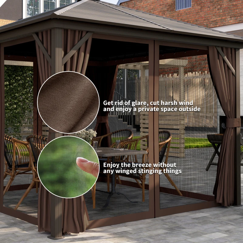 Outsunny 10' x 10' Hardtop Gazebo Canopy, Permanent Pavilion with Hook, Curtains, Aluminum Frame for Patio, Garden, Dark Brown