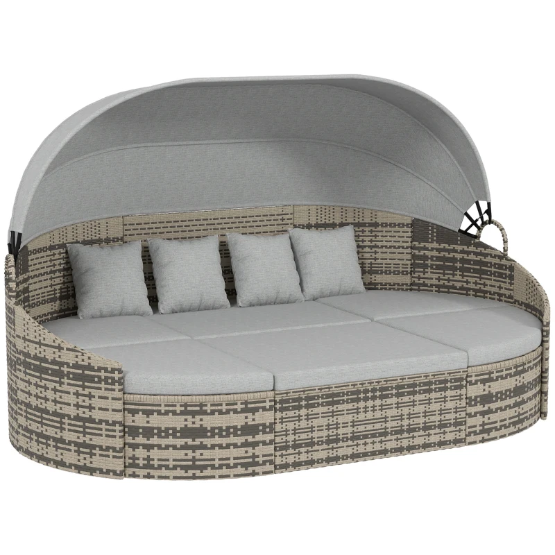 Outsunny 4 Pieces Patio PE Wicker Round Daybed, Outdoor Rattan Garden Lounge Furniture Sets, Light Grey