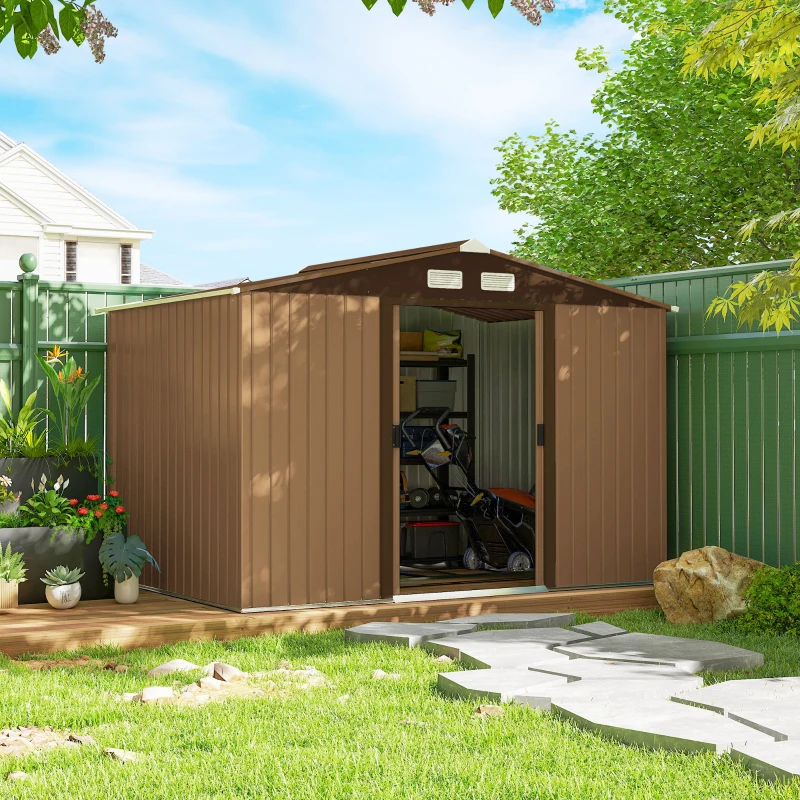Outsunny 9' x 6' Outdoor Storage Shed, Garden Tool Metal Shed with Foundation Kit, Double Lockable Door, Yellow
