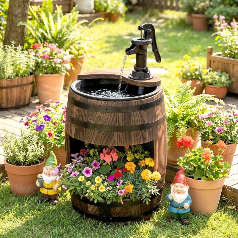 Outsunny 23" H Outdoor Water Fountain Wood and Plastic Rustic Apple Barrel Pump Garden Decor for Outside Backyard