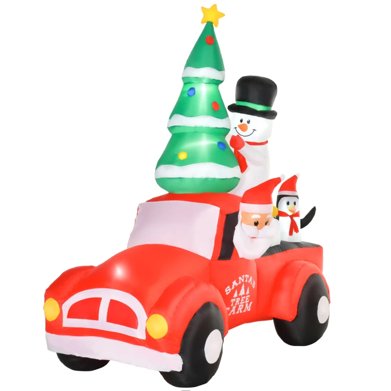 HOMCOM 7.5ft Christmas Inflatable Santa Claus Driving a Truck with Snowman, Penguin and Tree, Outdoor Blow-Up Yard Decoration with LED Lights Display
