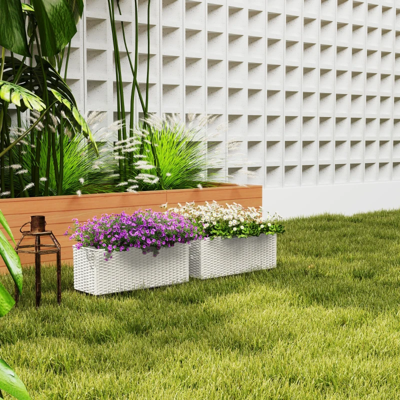 Outsunny 2 Pack 20 Inch Railing Flower Pots, Hanging Flower Pots with Hooks, Drainage Holes for Fence, Rattan Look, White