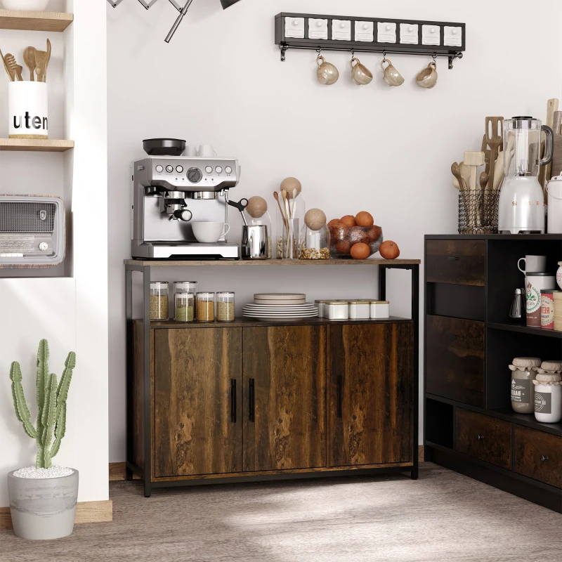 HOMCOM Industrial Sideboard Buffet Cabinet, Kitchen Cabinet with Adjustable Shelves, Coffee Bar Cabinet for Living Room, Bedroom, Hallway, Rustic Brown