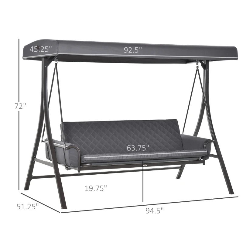 Outsunny 3-Seat Patio Swing Chair, Converting Flatbed, Outdoor Porch Swing Bed Glider with Adjustable Canopy, Removable Cushions, Pillows for Garden, Poolside, Backyard, Gray