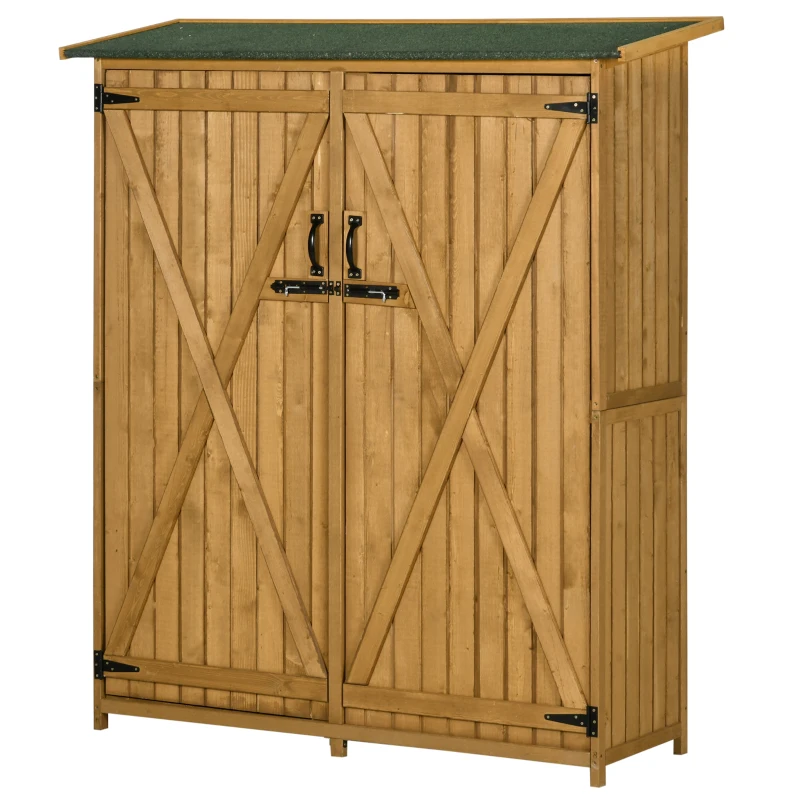 Outsunny Outdoor Storage Cabinet Wooden Garden Shed Utility Tool Organizer with Waterproof Asphalt Rood, Lockable Doors, Natural