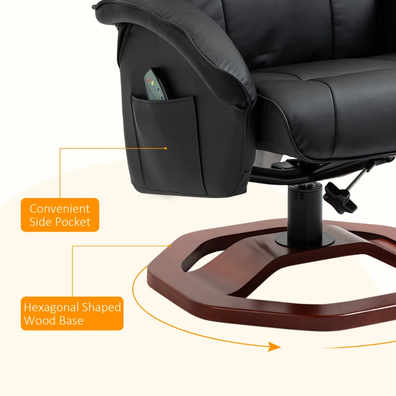 HOMCOM Massage Recliner Chair with Ottoman, Electric Faux Leather Recliner with 10 Vibration Points, Swivel Reclining Chair with Remote Control, Wood Base and Side Pocket, Black