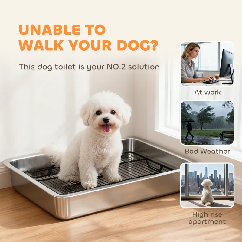 PawHut Dog Potty Tray Stainless Steel for Small and Medium Dogs, Dog Training Tray for Porch, Bathroom, Balcony, 28" x 20" x 4"