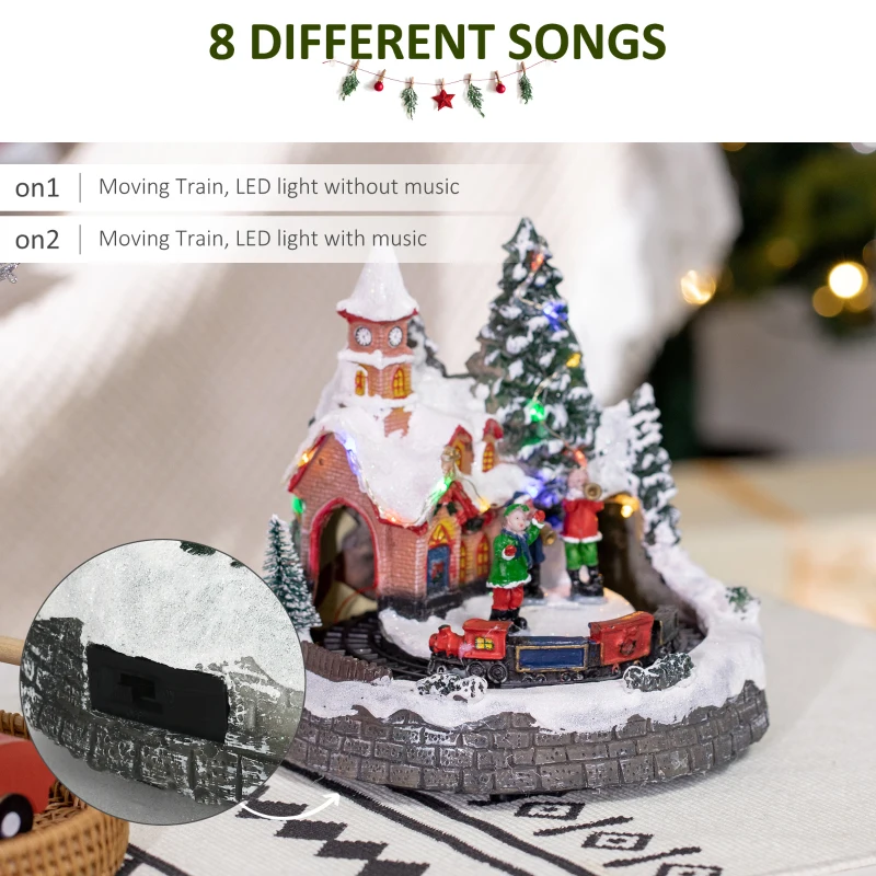HOMCOM Animated Christmas Village Scene, Pre-Lit Musical Holiday Decoration with LED Lights, Rotating Train, 2 Musicians and 1 Commander