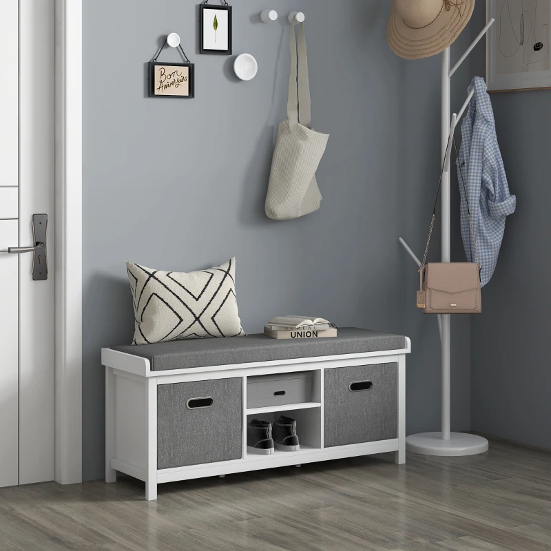 HOMCOM Shoe Storage Bench with Cushioned Seat, Entryway Bench Seat with 2 Drawers and Adjustable Shelf for Hallway, White