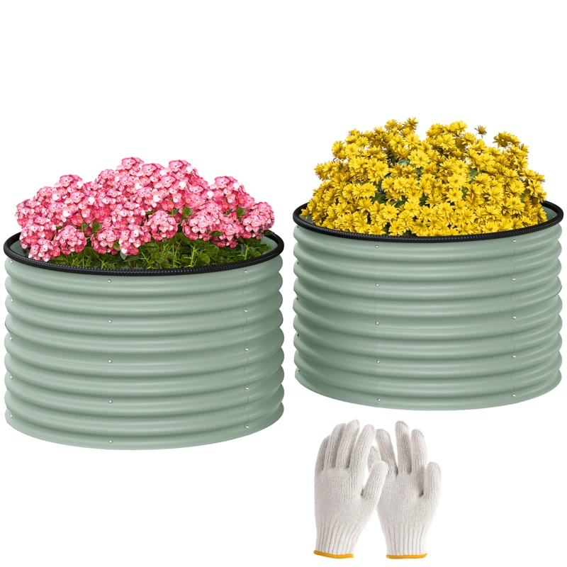 Outsunny Set of 2 Raised Garden Bed, Metal Planter Box with Safety Edging, Easy-to-assemble Stock Tank, Light Green