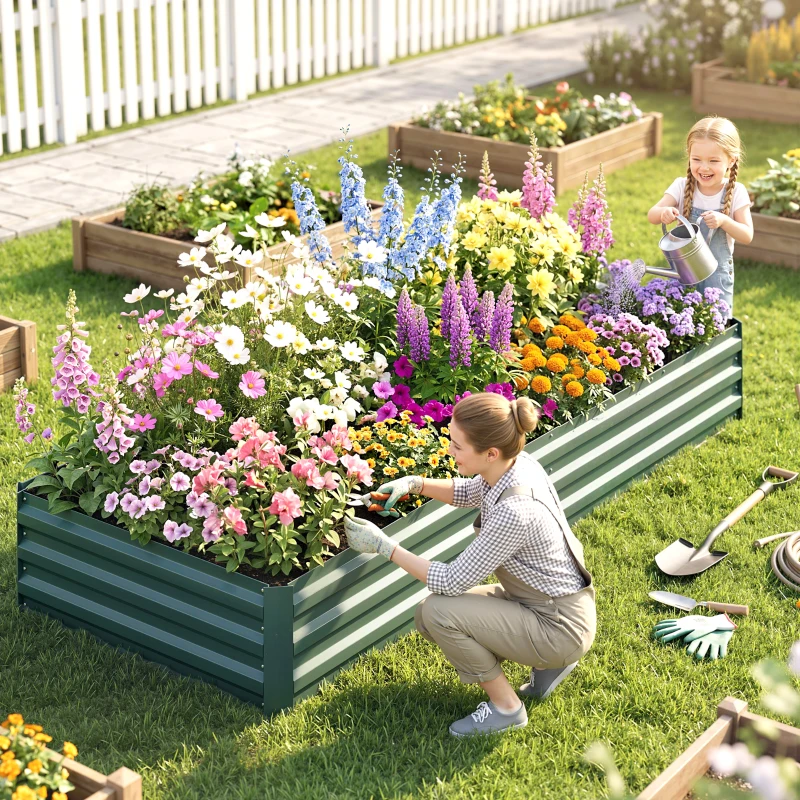 Outsunny 95" x 36" x 12" Galvanized Raised Garden Bed, Easy DIY and Cleaning for Growing Flowers, Herbs, Succulents, Green