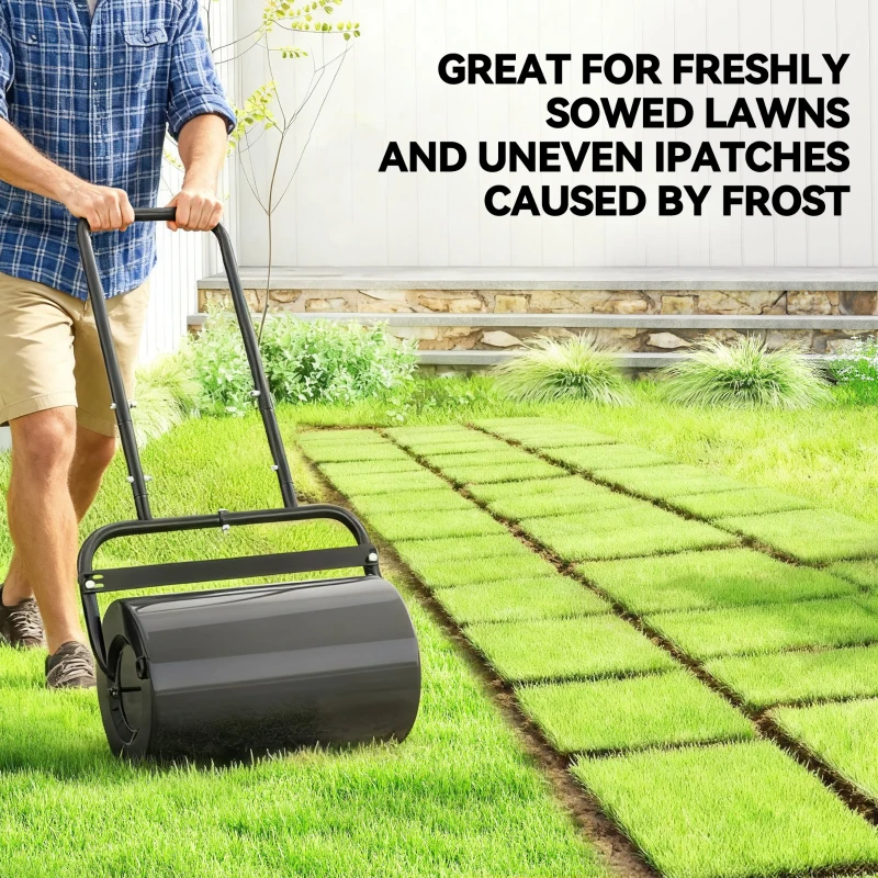 Outsunny 20-Inch Push/Tow Behind Lawn Roller Filled with 10 Gal Water or Sand for Flattening Sod in the Garden, Black