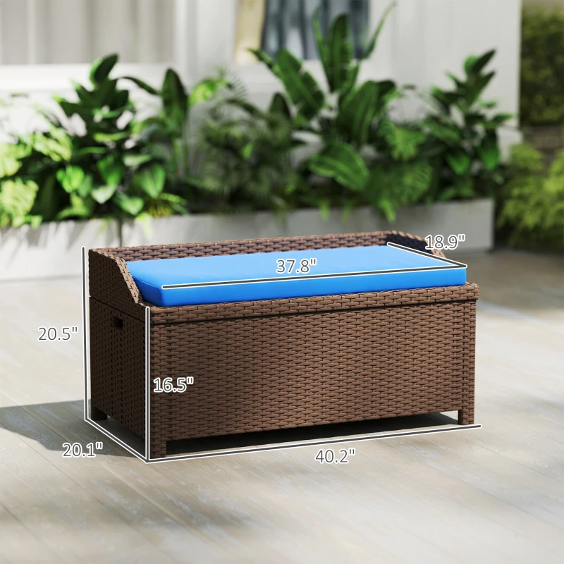 Outsunny Outdoor Wicker Storage Bench with Storage & Cushion, Blue