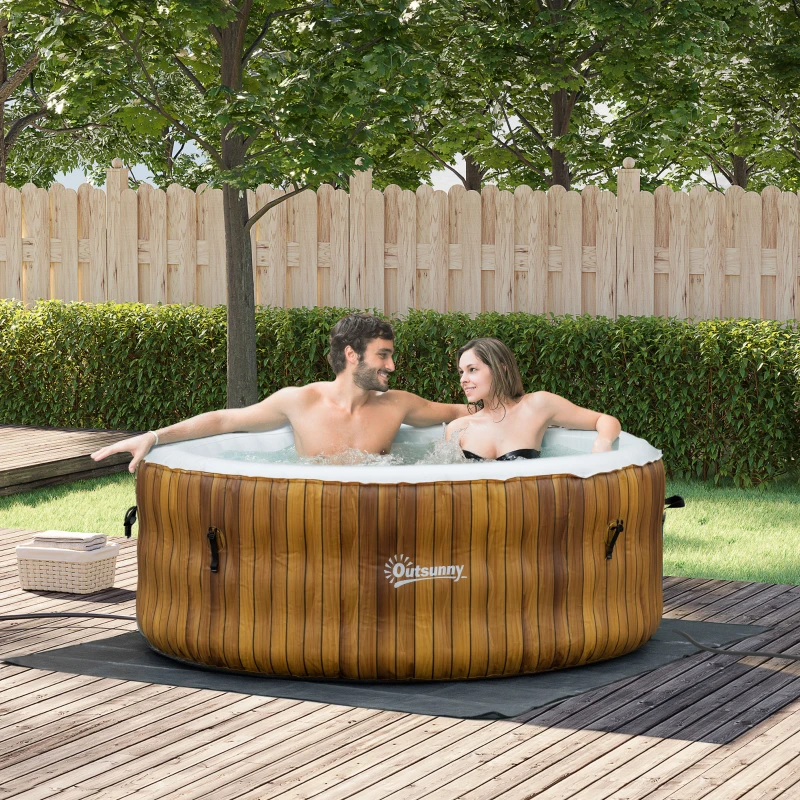 Outsunny 4 Person Inflatable Hot Tub, Outdoor Round Portable Spa with 108 Heated Air Jets, Cover, Pump, 2 Filter Cartridges, Faux Wood