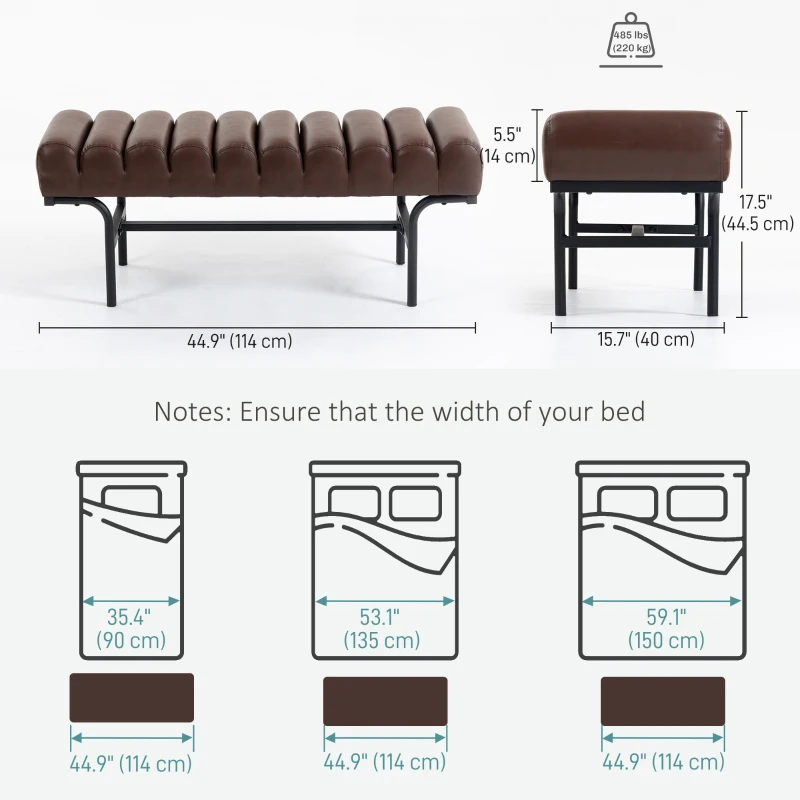 HOMCOM Bedroom Bench PU Leather End of Bed Bench with Cylindrical Seat and Metal Legs for Bedroom Living Room Hallway Brown