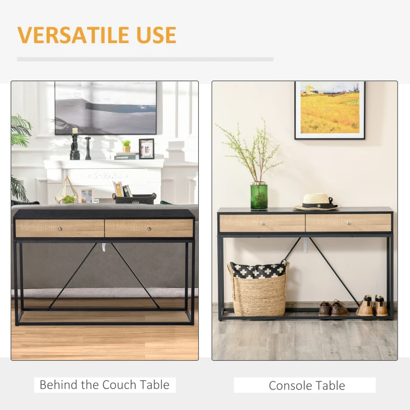 HOMCOM Console Table, Hallway Table with 2 Drawers,  Steel Frame Sofa Table for Entrance and Living Room, Black