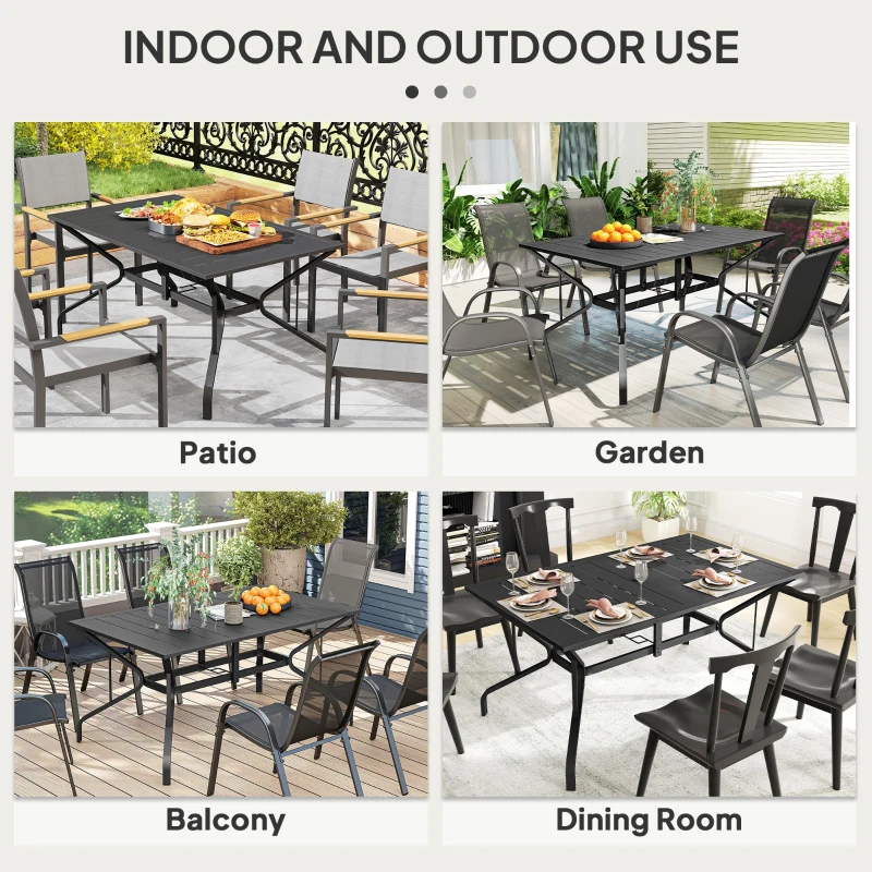 Outsunny Rectangular Patio Table with Umbrella Hole, Steel Rectangle Outdoor Dining Table for 6 People for Garden, Black