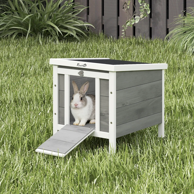 PawHut Small Wooden Rabbit Hutch Bunny Cage Guinea Pig Cage Duck House Dog House with Openable & Waterproof Roof, for Rabbits, Chickens, Ducks, Gray