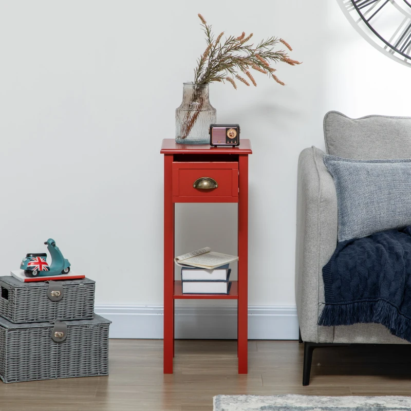 HOMCOM 2-Tier Side Table with Drawer and Shelf, End Table for Living Room and Hallway, Red