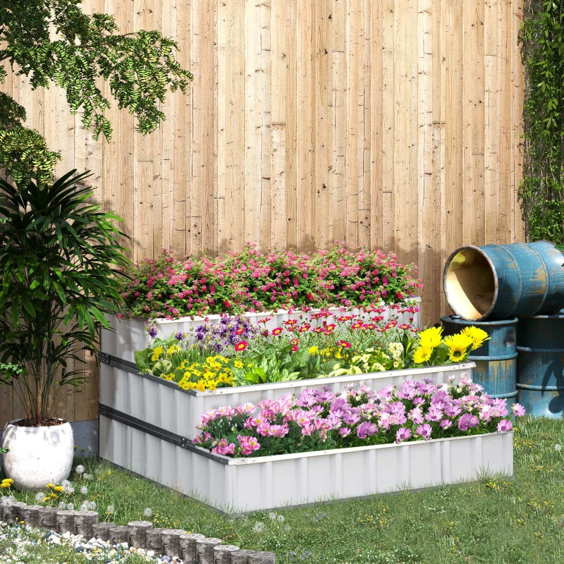 Outsunny 3 Tier Raised Garden Bed Outdoor Metal Patio Planter Box with Gloves, 4' x 4' x 2' for Backyard, White