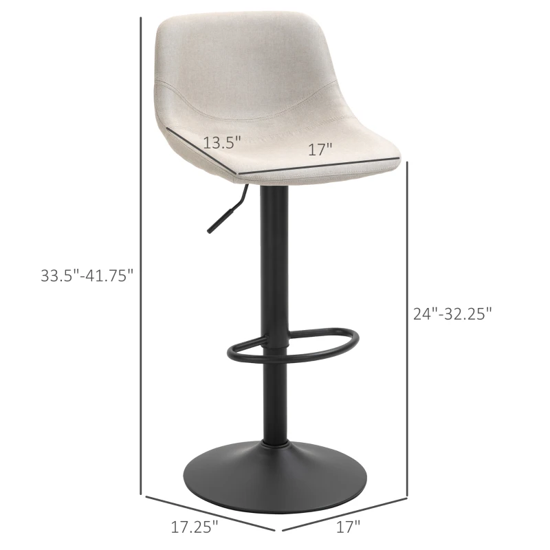 HOMCOM Adjustable Bar Stools, Swivel Bar Height Chairs Barstools Padded with Back for Kitchen, Counter, and Home Bar, Set of 2, Cream White