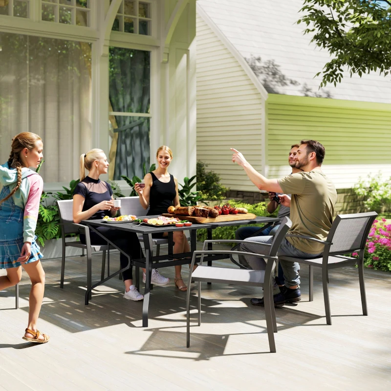 Outsunny Rectangular Patio Table with Umbrella Hole, Steel Rectangle Outdoor Dining Table for 6 People for Garden, Black
