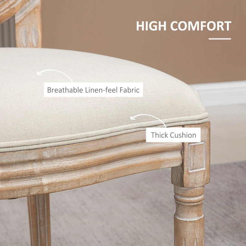 HOMCOM French-Style Upholstered Dining Chair Set, Armless Accent Side Chairs with Rattan Backrest and Linen-Touch Upholstery, Set of 2, Cream White
