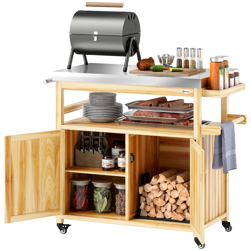 Outsunny Outdoor Grill Cart w/ Stainless Steel Top, Solid Wood Outdoor Kitchen Island w/ Wheels, Storage Cabinets, Natural Wood