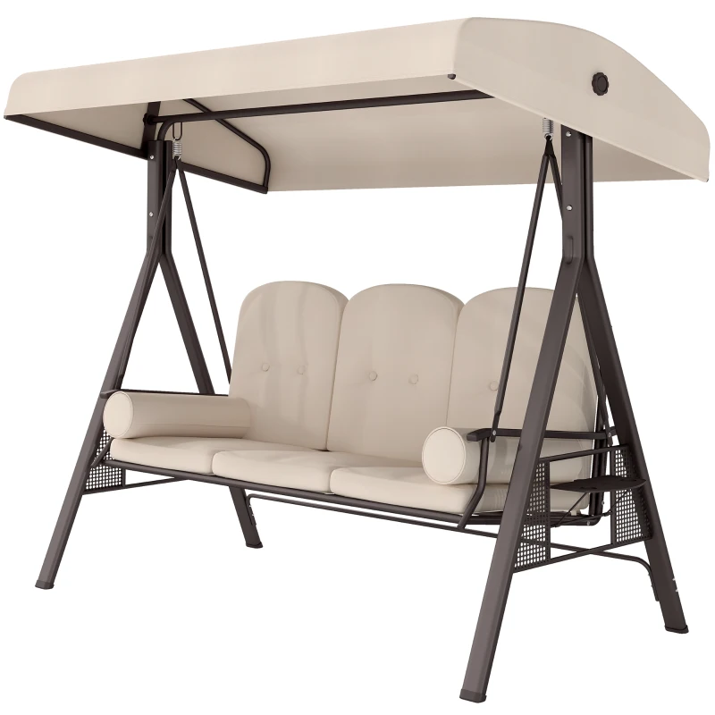 Outsunny 3-Seat Patio Swing Chair, Outdoor Porch Swing Glider with Adjustable Canopy, Removable Cushion, Pillows and Side Trays, for Garden, Poolside, Backyard, Beige