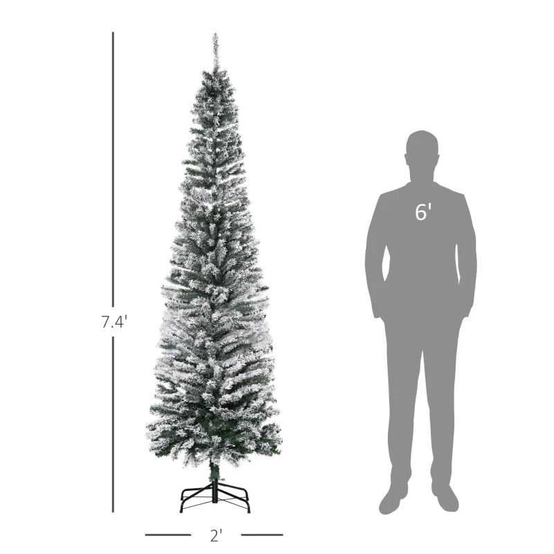HOMCOM 7.5ft Flocked Christmas Tree, Pencil Artificial Xmas Tree with Faux Snow, Dense Branches, Foldable Metal Base for Indoor Holiday Decor