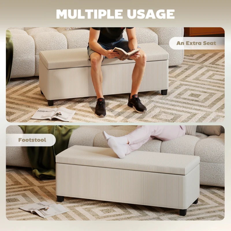 HOMCOM 47 Inches Storage Ottoman Bench, Foot Rest with Legs, End of Bed Bench, Corduroy Storage Chest for Living Room, Beige