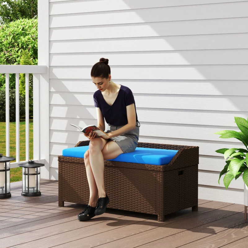 Outsunny Outdoor Wicker Storage Bench with Storage & Cushion, Blue