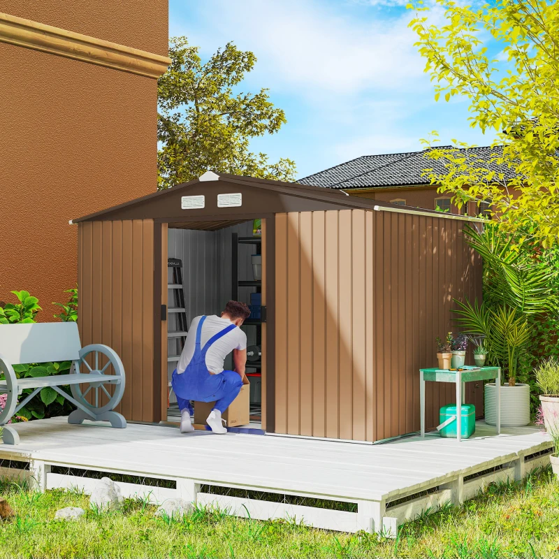 Outsunny 9' x 6' Outdoor Storage Shed, Garden Tool Metal Shed with Foundation Kit, Double Lockable Door, Yellow