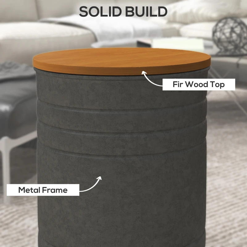 HOMCOM Round Side Table Set of 2, Nesting Coffee Tables w/ Wooden Lid, Galvanized Sheet Frame and Hidden Storage Space, Grey