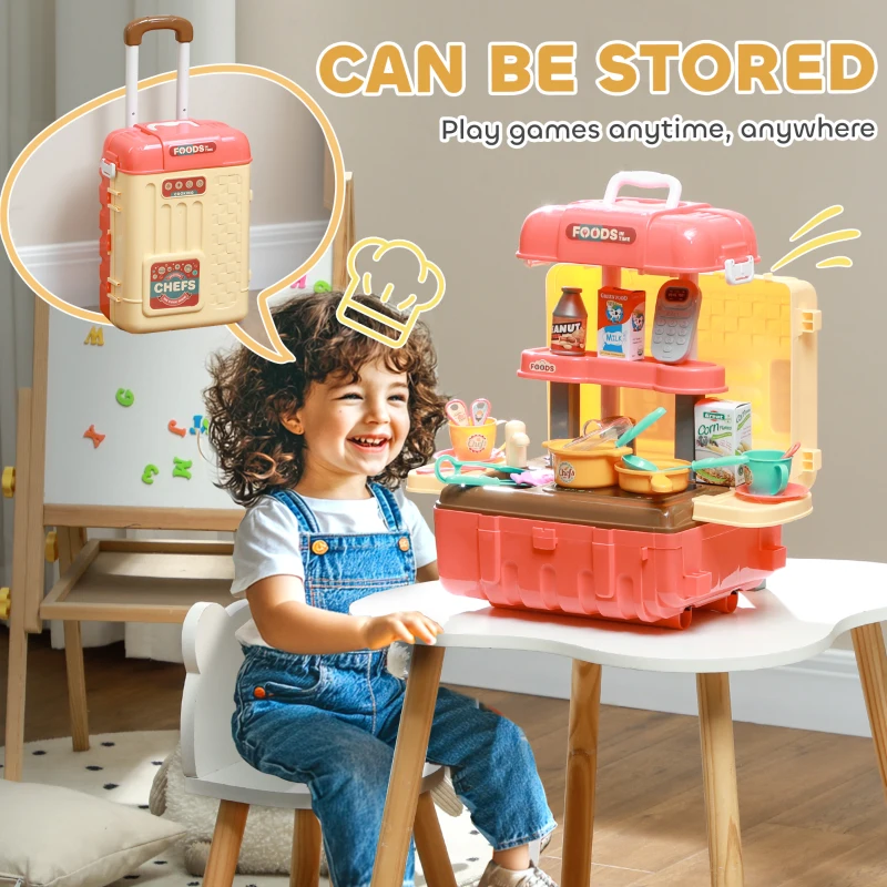 Qaba 3 in 1 Foldable Play Kitchen Set, Pretend Play Toys for Toddlers 3-6 Years Old, Multicolor