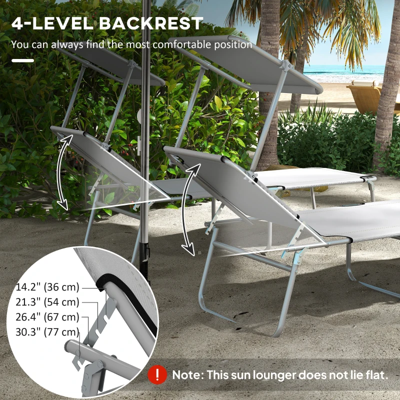 Outsunny 2 Pieces Outdoor Lounge Chair, Adjustable Folding Chaise Lounge, Tanning Chair with Sun Shade for Beach, Camping, Hiking, Backyard, Light Grey