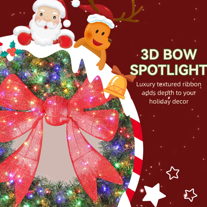 HOMCOM 60in Pre-Lit Christmas Wreath with 3D Red Bow, 11 Lighting Modes, Front Door Christmas Wreath with Remote