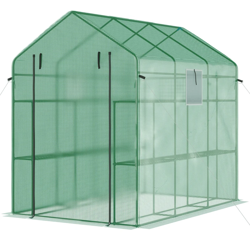 Outsunny 7' x 5' x 6' Walk-in Greenhouse for Outdoors with Mesh Door and Windows, 18 Shelf Hot House with Trellis, Green