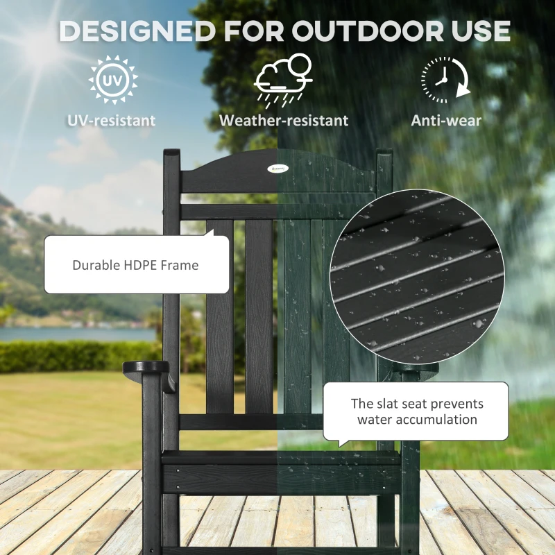 Outsunny 2PCs Outdoor Rocking Chair with Armrests, Fade-Resistant Waterproof HDPE for Indoor & Outdoor, Black