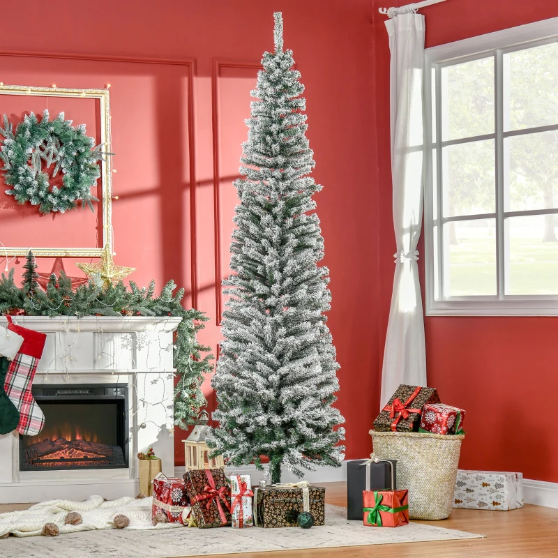HOMCOM 7.5ft Flocked Christmas Tree, Pencil Artificial Xmas Tree with Faux Snow, Dense Branches, Foldable Metal Base for Indoor Holiday Decor