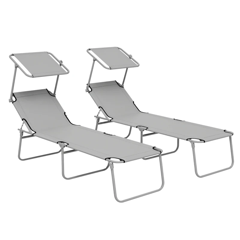 Outsunny 2 Pieces Outdoor Lounge Chair, Adjustable Folding Chaise Lounge, Tanning Chair with Sun Shade for Beach, Camping, Hiking, Backyard, Light Grey