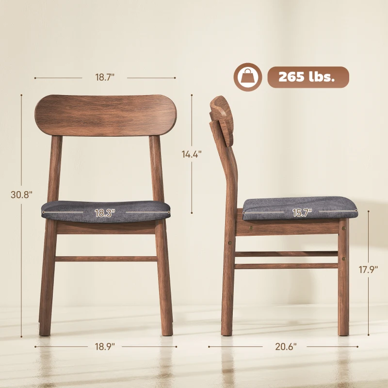 HOMCOM Set of 2 Dining Chairs, Upholstered Dining Room Chairs with Rubberwood Legs and Padded Seat for Kitchen, Gray