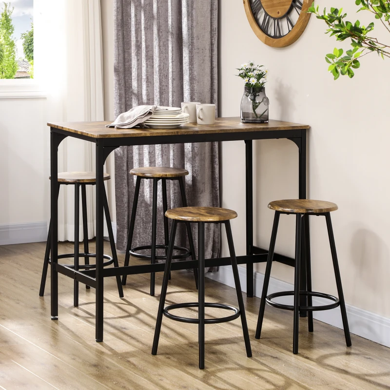 HOMCOM 5-Piece Counter Height Bar Table and Chairs Set, Bar Table with Stools, Kitchen Table 4 Chairs, Rustic Brown