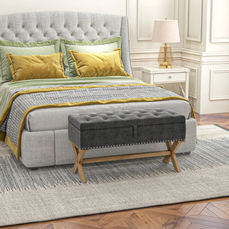 HOMCOM Upholstered Bedroom Bench, End of Bed Bench, Ottoman with Wood Legs, 35.75"W x 16.25"D x 19.75"H, Gray