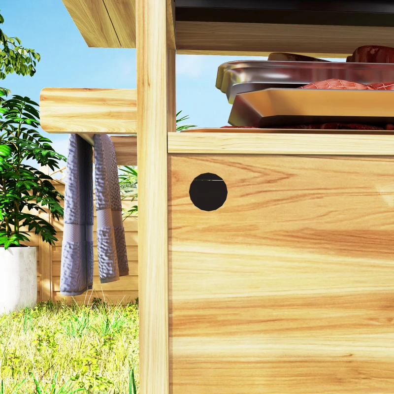 Outsunny Outdoor Grill Cart w/ Stainless Steel Top, Solid Wood Outdoor Kitchen Island w/ Wheels, Storage Cabinets, Natural Wood